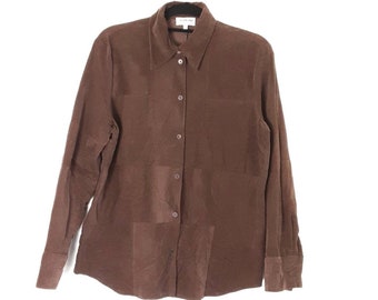 Brown Corduroy Shirt Vintage Steilmann Women's Cord Blouse Plain Cotton Shirt Button Front Blouse Long Sleeve Shirt, UK 16, XL, Plus Size