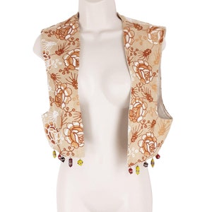 Vintage Boho Natural Beige Linen Floral Embroidered Tapestry Waistcoat Women's Open Front Beaded Embellished Crop Gilet Vest, Made in Italy