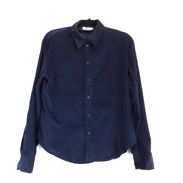 Midnight Blue Corduroy Shirt Vintage Punt Roma Button Down Blouse Long Sleeve Shirt Cord Blouse Cotton Shirt Plain Blouse, XL, Plus Size