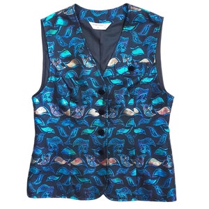 Vintage Markwald Metallic Blue Leaves Patterned Waistcoat Women&#39;s Black Velvet Button Front Party Gilet Vest, 80s, Size Medium