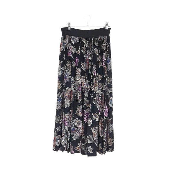 Black Floral Midi Skirt Vintage Women's High Waisted Skirt Patterned Pleated Skirt Stretch Waist Skirt Bohemian Hippy Skirt, Size XS