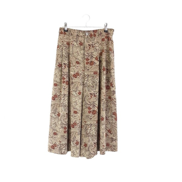 Rose Leaf Patterned Culottes Vintage Women's High Waisted Bottoms Floral Print Trousers Wide Leg Trousers Cropped Pin Tuck Waist, Size XS