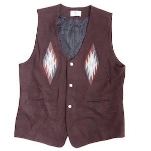 Vintage Brown Geometric Embroidered Wool Boho Waistcoat Women's Round Silver Button Front Folk Vest, Pockets, UK 12, Size Medium