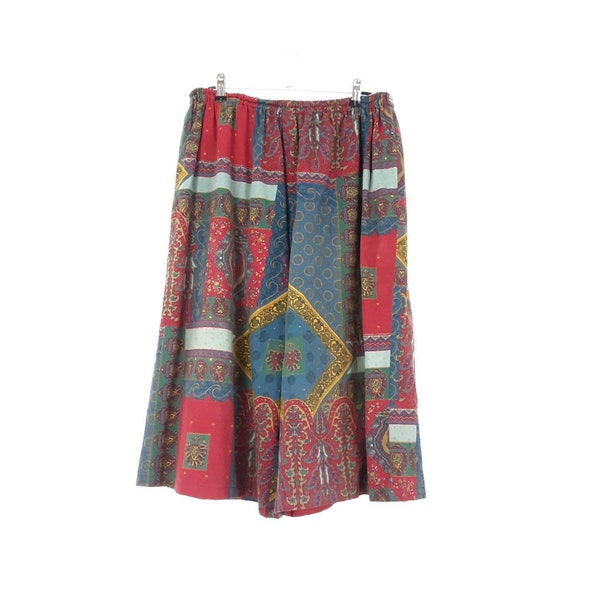 Paisley Patterned Culottes Vintage Women's Blue and Red Patchwork Bottoms Elasticated Waist Wide Leg Flare Cropped Trousers Bohemian Hippie