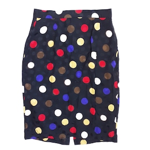 Vintage Louis Feraud Designer Black Multicoloured Spot Patterned Pencil Skirt Women&#39;s High Waisted Dot Print Midi Skirt, UK 12, Size Medium