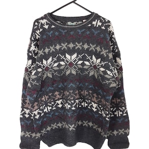 Vintage Black Fair Isle Wool Knitted Sweater  Men&#39;s Funky Patterned Pullover Jumper, Made in Hong Kong, 90s, Size Medium