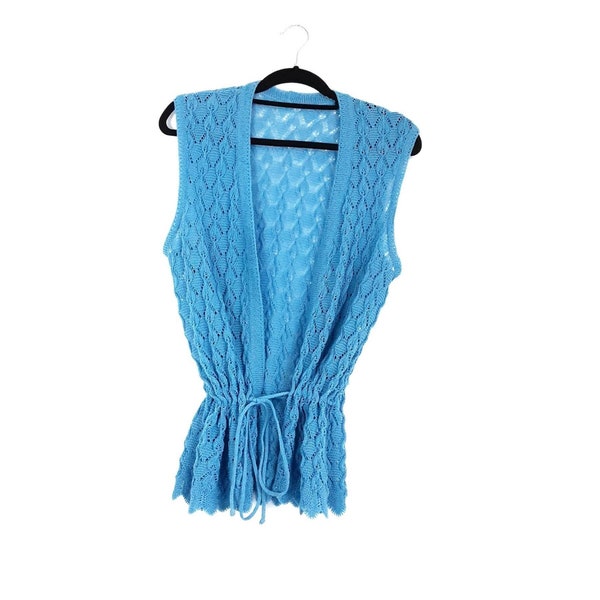 Blue Cable Knitted Waistcoat Vintage Women's Tie Front Drawstring Vest Sleeveless Cardigan Crochet Knitwear Scalloped Hem, UK 10, Size Small