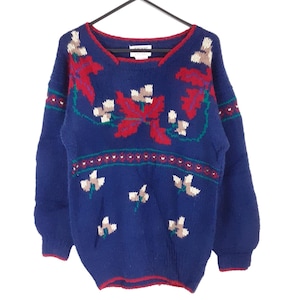 Vintage Navy Blue Shetland Wool Knitted Folk Sweater Women&#39;s Funky Floral Leaf Patterned Pullover Jumper, Folklore, 90s, Size XS