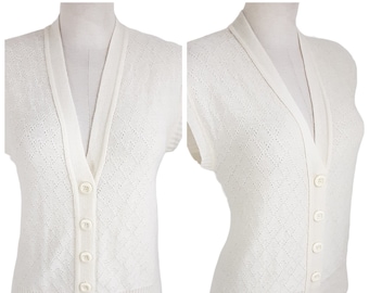 French Cream Acrylic Diamond Knitted Waistcoat Vintage Women's Button Front Vest, Made in France, 80s, UK 12, Size Medium