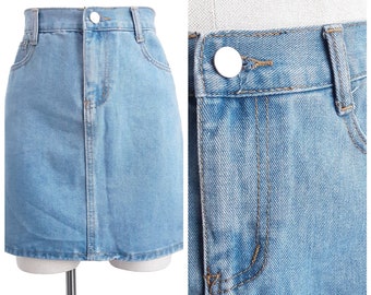 Bleached Blue Denim Jean A-line Mini Skirt Vintage Women's High Rise Cotton Skirt, Pockets, 90s, UK 12, Size Medium