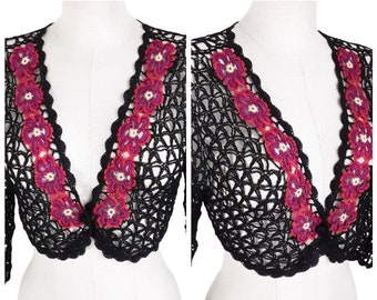 Black Crochet Pink Floral Cropped Bolero Cardigan Vintage Women's Open Knitted Bohemian Top, Size Medium