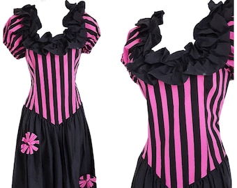 90's Striped Pink and Black Ruffled Steampunk Dress Vintage Women's Floral Embellished Tiered Cotton Midi Dress, Western, UK 10, Size Small