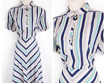 70's Striped Multicoloured Button Down Shirt Dress Vintage Women's Flare A-line Collared Short Sleeve Midi Dress, 50s, Rockabilly, UK 14