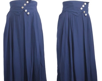 Navy Blue Pleated Midi Skirt Vintage Women's High Rise Gold Button Detail Faux Belted Skirt, Pockets, 80s, UK 12, Size Medium