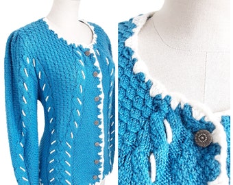 Austrian Blue Hand Knit Folk Cardigan Bavarian Vintage Women's Decorative Button Front Puff Sleeve Sweater, Tyrolean, Traditional, UK 16