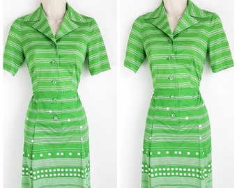 70's Striped Dot Print Apple Green and White Button Down Shirt Dress Japanese Vintage Women's Collared Short Sleeve Midi Dress, UK 6/8, XXS
