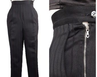 Striped Black Trousers Vintage Women's High Waisted Stripe Patterned Bottoms, Pockets, Silver Side Zip, 80s, UK 12, Medium