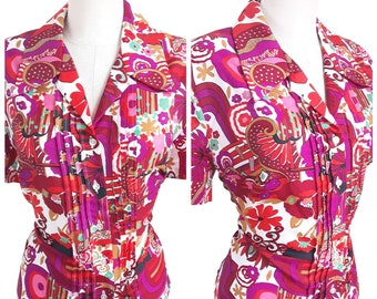 Groovy Psychedelic Paisley Shirt Vintage Women's Retro Bold Flower Power Blouse, Crazy Patterned, Pleated, Dagger Collar, Mod, GoGo, 70s, XL