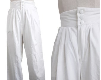 German White Cotton Pin Tuck Trousers Vintage Women's Bierbaum Proenen High Waisted Bottoms, Elasticated Waist, Side Pockets, 90s, XXS