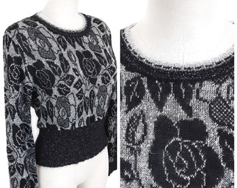 Metallic Rose Knitted Silver and Black Cropped Sweater Vintage Women's Floral Patterned Fitted Pullover Sweater, Long Sleeve, UK 14, Large