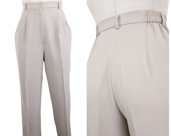 Plain Beige Trousers Vintage Women's High Waisted Pintuck Pleated Bottoms, Side Pockets, Belt Loops, Made in Japan, UK 6, Size XXS