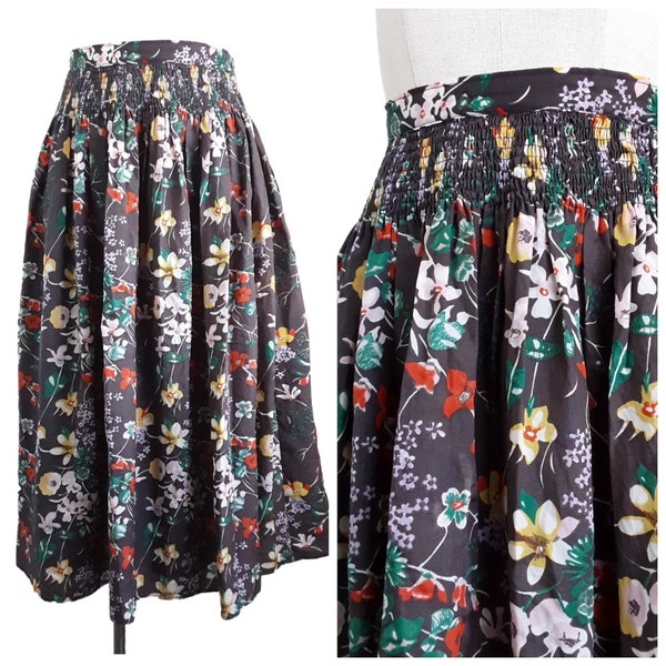 Bavarian Brown Floral Folk Dirndl Full Midi Skirt Austrian Vintage Women's Traditional High Rise Gyspy Cottagecore Tyrolean Skirt, UK 8, XS