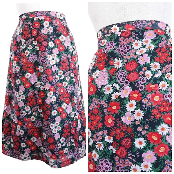 Black Daisy Floral Print A-line Skirt Vintage Women's High Waisted Pencil Midi Skirt, Hippy, Boho, Flower Power, Cottagecore, 70s, Small