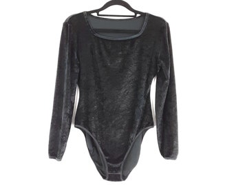 Black Velvet Shimmer Bodysuit Vintage Women's Leotard One Piece Suit Long Sleeve Bodysuit, UK 10, Size Small