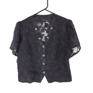 Vintage Black Floral Lace Blouse Women's Decorative Gold Button Shirt, V-neck, Short Sleeve, 80s, UK 16, XL, Plus Size