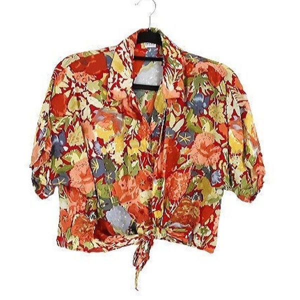 Red Floral Tie Crop Blouse Vintage Women's Patterned Cropped Shirt, Short Sleeve, Collared, Free Size