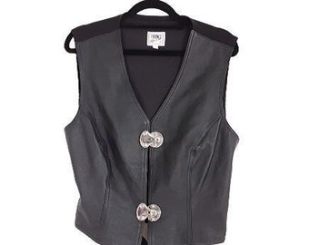 Black Faux Leather Waistcoat Vintage Women's Silver Buckle Front Biker Gilet Vest, 90s, Size Large