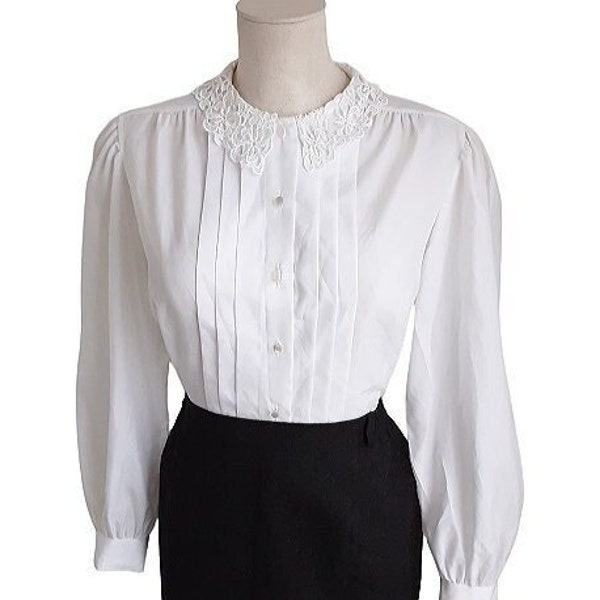 Judy Bond White Pin Tuck Pleated Blouse Vintage Women's Crochet Lace Collared Button Shirt, Balloon Sleeve, Victoriana, UK 10, Size Small