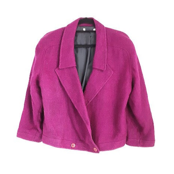 Veste blazer en tweed magenta vintage, blouson aviateur rose pour femme, boutonné sur le devant, col, épaules rembourrées, 18 ans UK, XXL, grande taille