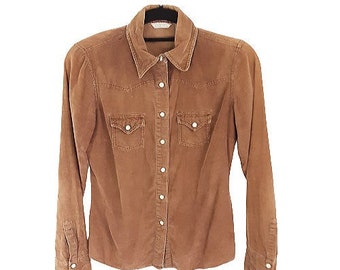 Brown Corduroy Shirt Vintage Women's Popper Button Front Cotton Blouse, Long Sleeve, Collar, 90s, UK 6/8, XS
