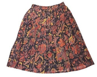 Orange Floral Black Pleated Midi Skirt Vintage Women's High Rise Patterned Skirt, Elasticated, 80s, UK 16, XL, Plus Size