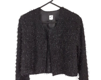 Black Metallic Threaded Bolero Vintage Women's Sparkly Fuzzy Shrug Cropped Jacket, Evening, Party Wear, 80s, UK 8, Size XS