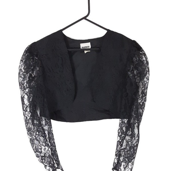 Gothic Black Floral Lace Cropped Bolero Jacket Vintage Women's Open Front Puff Sleeve Governess Shrug, 80s, UK 10/12, Size Medium