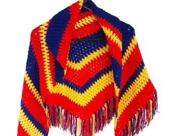 Colourful Striped Red Yellow Blue Crochet Knitted Shawl Vintage Women's Tassel Fringed Triangle Shoulder Wrap, Bohemian, Hippy, Festival