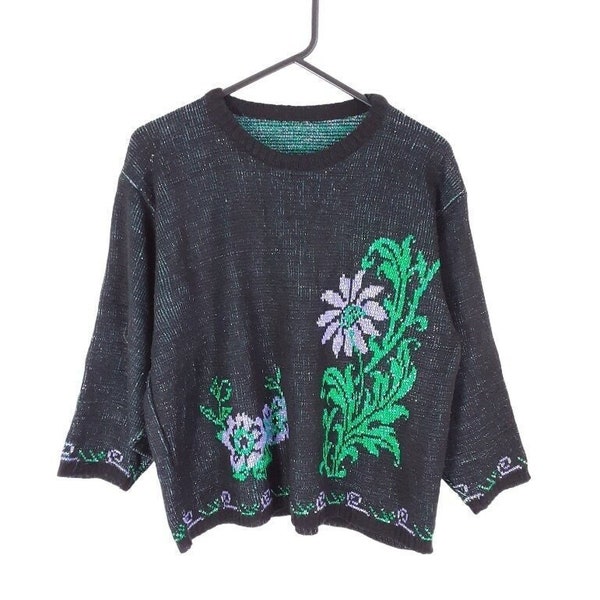 Black Purple Floral Knitted Cropped Jumper Vintage Women's Metallic Graphic Patterned Pullover Sweater, 3/4 Sleeve, Size Large