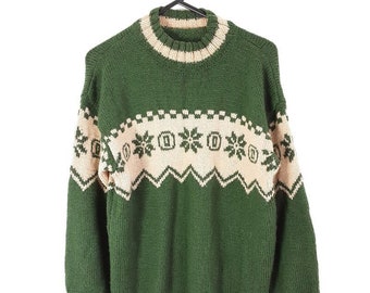 Bottle Green Fair Isle Knitted Jumper Vintage Women's Oversized Beige Patterned Pullover Sweater, 90s, Size Medium