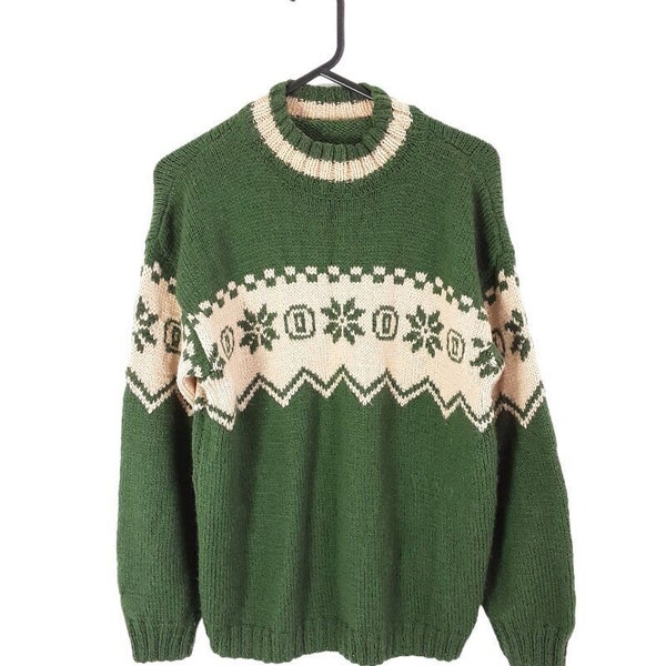 Bottle Green Fair Isle Knitted Jumper Vintage Women's Oversized Beige Patterned Pullover Sweater, 90s, Size Medium
