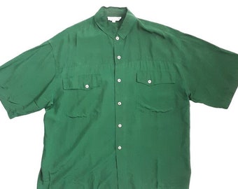 90's Forest Green Silk Shirt Vintage Men's Button Down Short Sleeve Shirt by Yazoo, Size Large