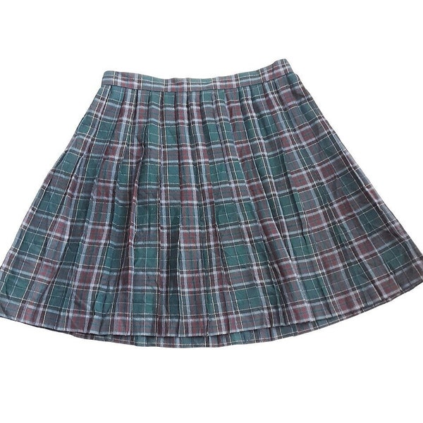 90's Check Plaid Green and Red Pleated Mini Skirt Vintage Women's High Rise Tartan A-line Skirt, Pocket, Punk, Grunge, Alternative, UK 10