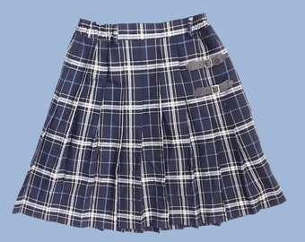 90's Tartan Blue and White Pleated Wrap Kilt Mini Skirt Vintage Women's High Waist Check Plaid Leather Buckle A-line Skirt, UK 6/8, XS