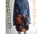 Vintage Loving Youth Reworked Customised Jeanswear Denim Button Front Floral Print Long Sleeve Shirt Dress, UK 14, Size Large