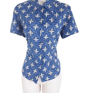 Vintage Promod Women&#39;s Blue and Yellow Geometric Print Button Front Short Sleeve Fitted  Blouse, UK 16, Size XL