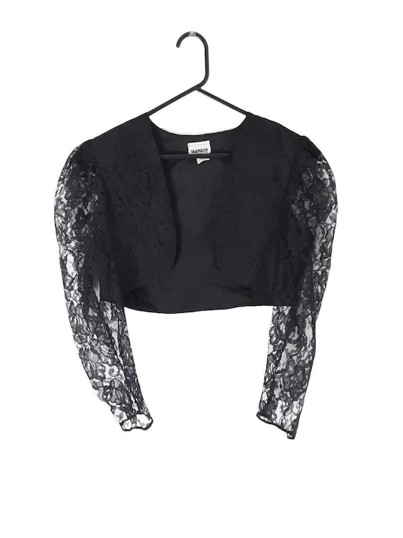 Vintage 80s Black Floral Lace Cropped Bolero Jacket Women's