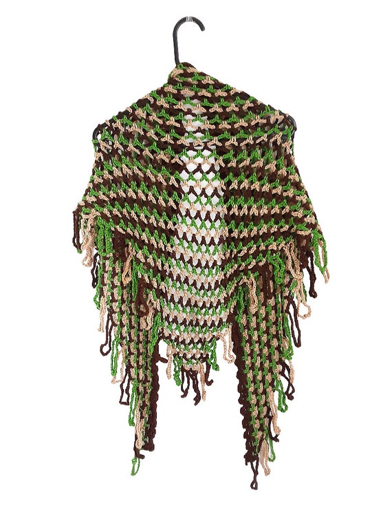 Green Brown Beige Crochet Lace Knitted Shawl Hand… - image 4