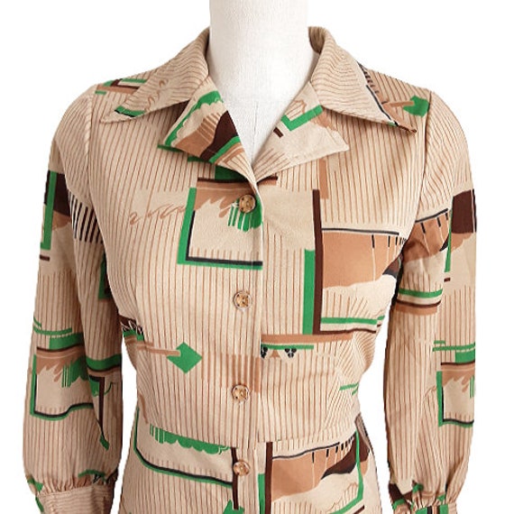 Japanese Brown Geometric Patterned Shirt Dress Vi… - image 3