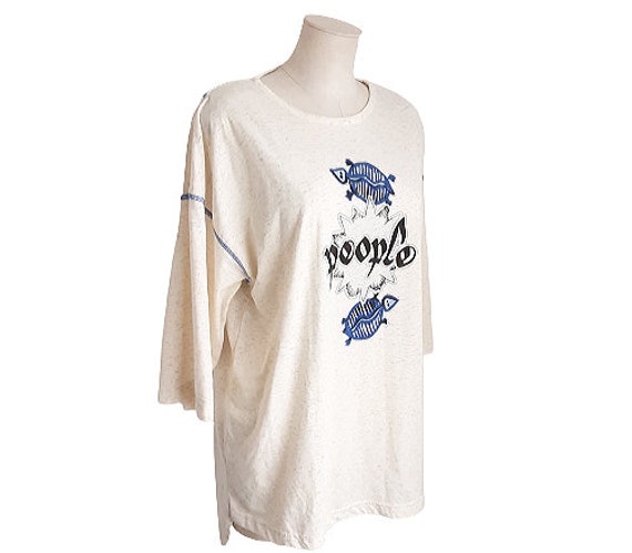 Cream Cotton Blue Turtle Print T-Shirt Vintage Wo… - image 2